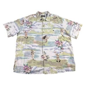 HILO HATTIE Hawaiian Shirt Mens 3XL Silk Hula Tropical Island Aloha Camp